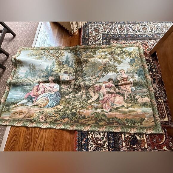 Vintage Other - Vintage French Tapestry Wall Hanging - Romantic Pastoral Scene
